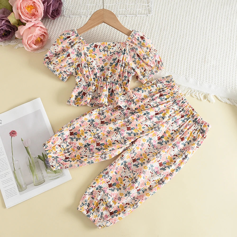 Bear Leader Summer 2Pcs Girls Clothes Sets Floral Cartoon Kids Ruffle Sleeve Top and Skirt Outfits Casual Girls Boutique Outfits