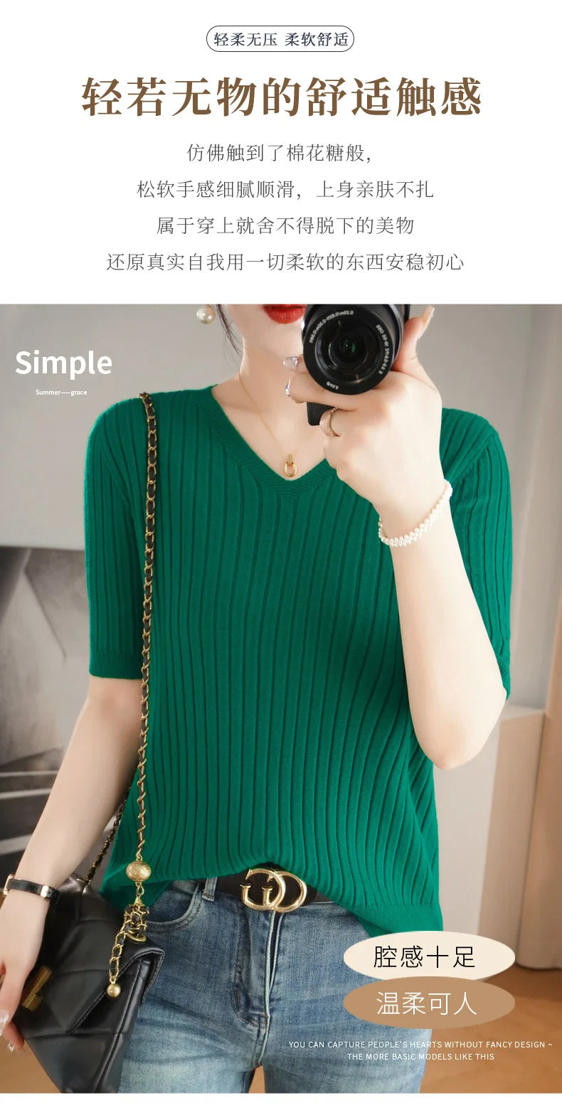 2024 new Women's Clothing Pullovers Sweaters Spring Summer New V-neck Short sleeved Knitted Shirt Base Shirt Solid Color Jumpers