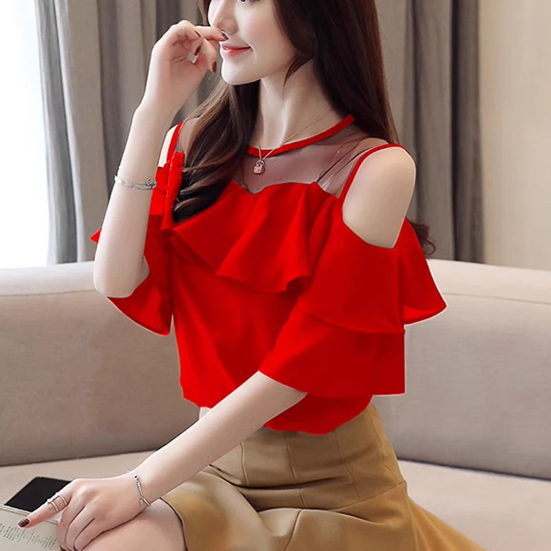 Summer Women Blouses 2024 White Women's Shirts Office Lady Clothes Short Sleeve Chiffon Blouse Woman Off Shoulder Tops 4206