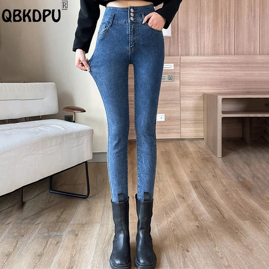 Casual High Waist Skinny Jeans Women Korean Button Pencil Ankle-Length Denim Pants 2024 Spring Stretch Cowboy Leggings