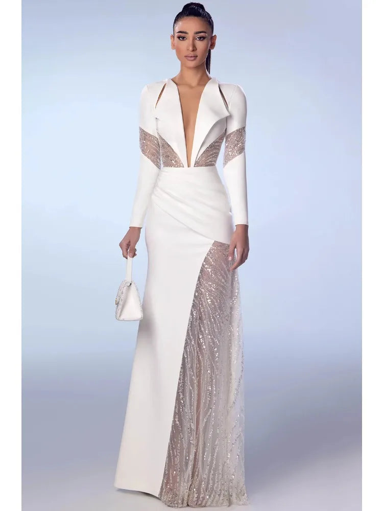 Deep V-Neck Women's Dress Sequin Beaded Sheer Long Dress Elegant High Waisted Long Sleeved 2024 Women's White Evening Dress