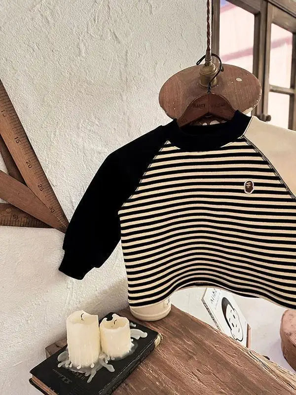 Autumn Winter Children Boy Striped Sweatshirt Cotton Spliced Long Sleeve Velvet Toddler Boy Pullovers Infant Baby Boy Undershirt