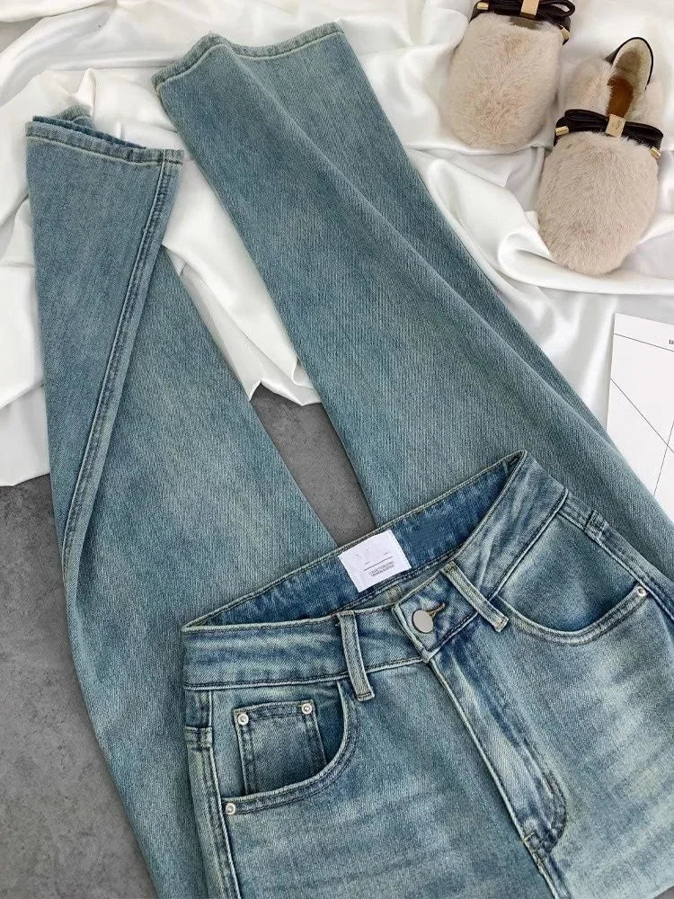 Blue Women Jeans Streetwear Vintage Fashion High Waisted Wide Leg Jean Female Trouser Letter Hip Hop Baggy Blue Denim Pants