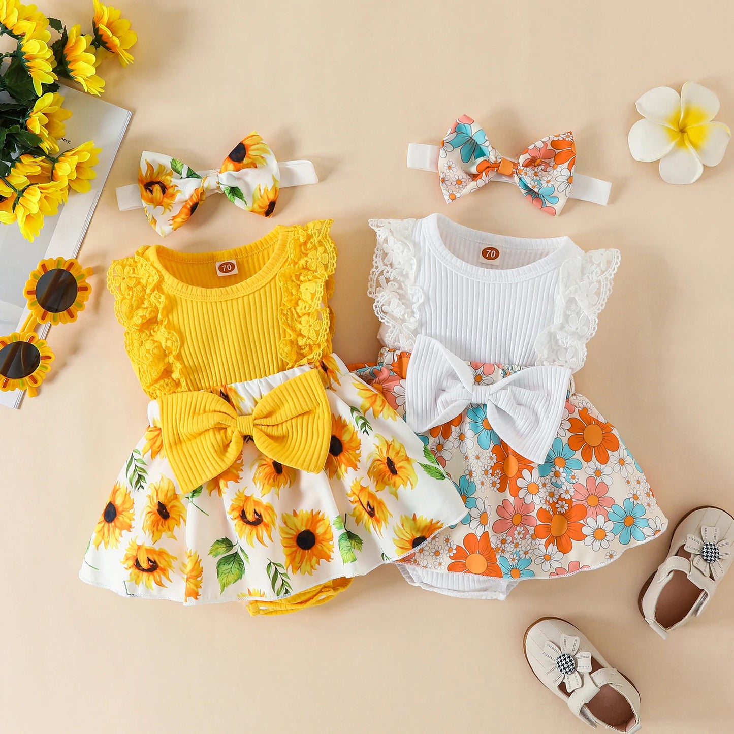 2pcs Infant Baby Girls Romper Dress Patchwork Flower Print Lace Sleeveless/Long Sleeve Crew Neck Front Bowknot Jumpsuit Headband