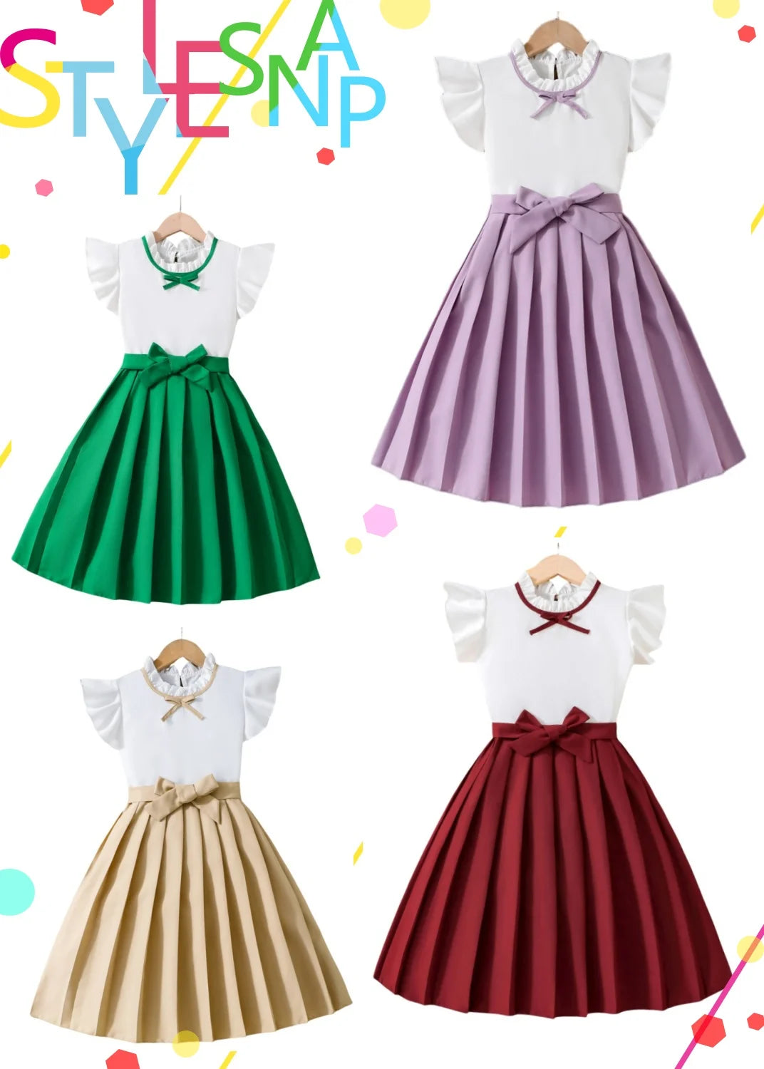 Fresh and elegant summer children's girls dress with lace collar small flying sleeve patchwork purple bow waist pleated skirt