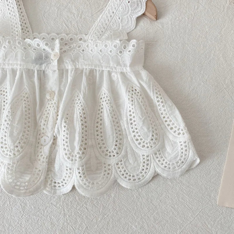 Girls Summer Suit White Suspender Top + Denim Shorts Two-piece Set Casual Simple Style Lace Loungewear Outfit