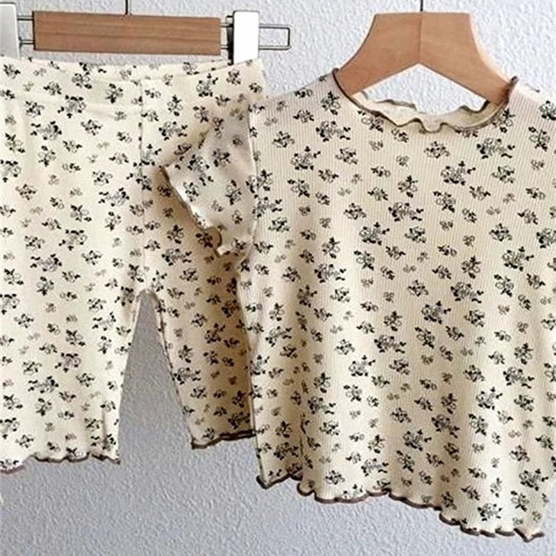 2pcs Summer Baby Girl Nightgown Floral Suit Baby Full Printed T-shirts Toddler Girls Trendy Short Sleeve Pajamas Set Home Wear