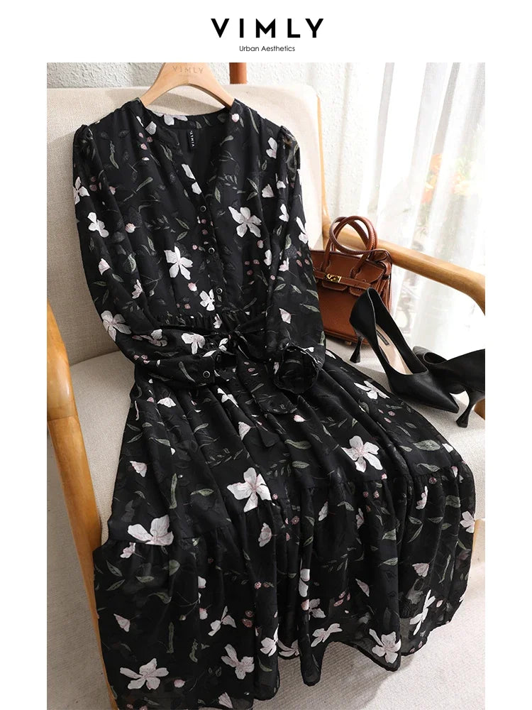 ARWEN & AJH GROUP Chiffon Floral Dress for Women 2024 Spring Vacation Outfit Elegant Vintage Long Sleeve Tie Belt Swing Midi Tiered Dresses