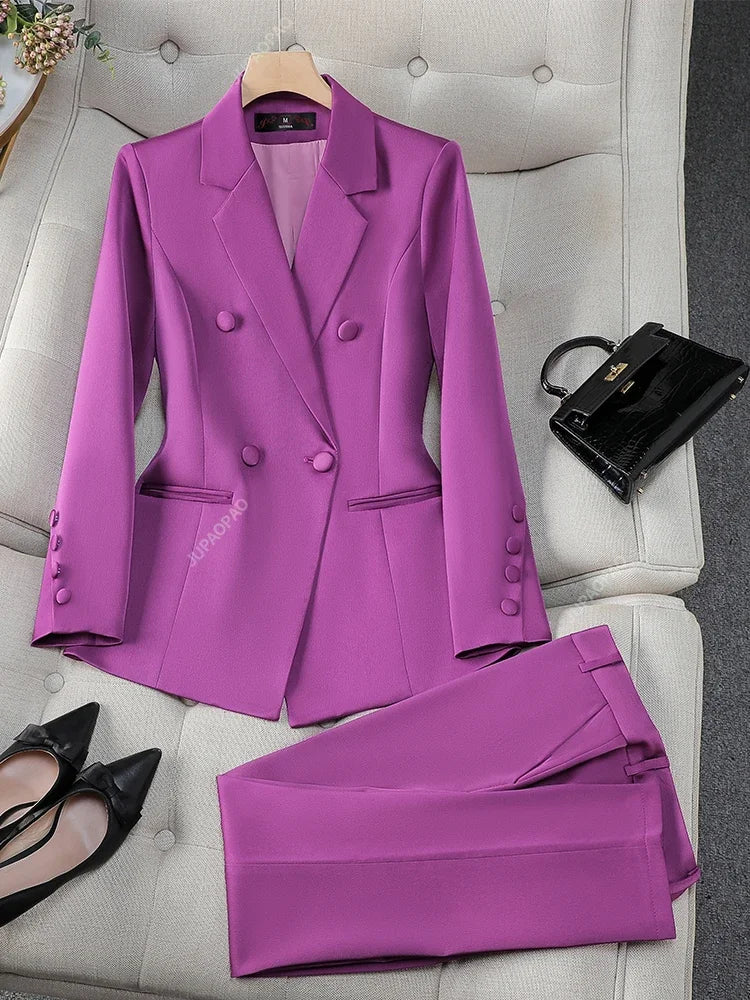 Fashion Office Ladies Formal Pant Suit Set Women Blue Pink Yellow Female Business Work Wear 2 Piece Blazer Jacket And Trouser