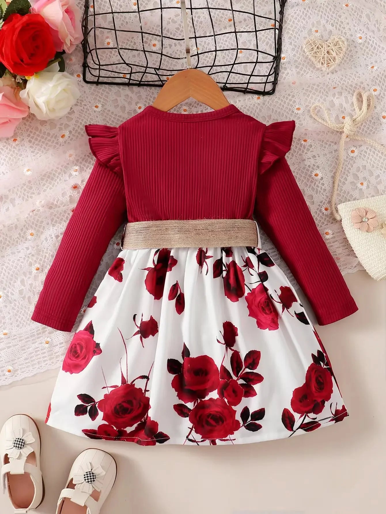 Children Girls Fashion Dress Red Long Sleeved Flower Skirt with Belt Birthday Party Wear Autumn Outfits for Girl 1-7 Years