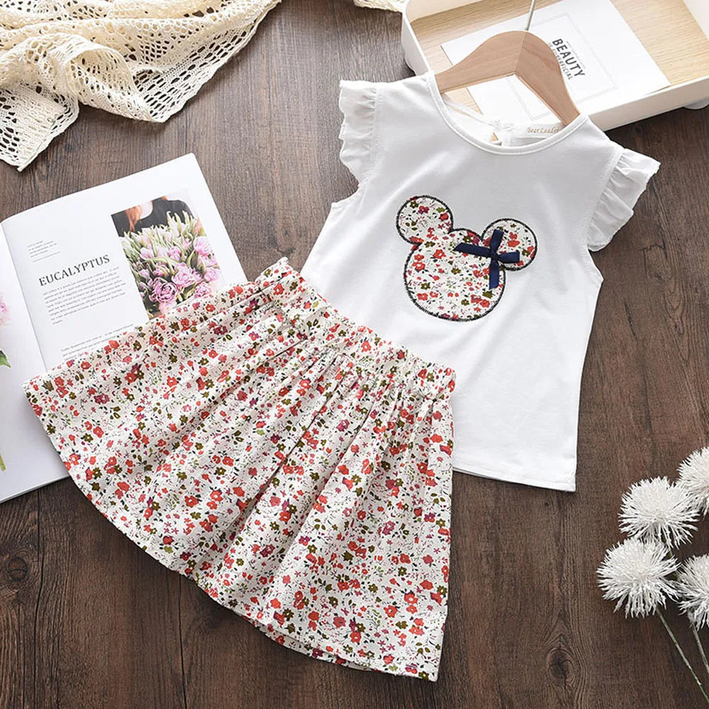 Bear Leader Summer 2Pcs Girls Clothes Sets Floral Cartoon Kids Ruffle Sleeve Top and Skirt Outfits Casual Girls Boutique Outfits