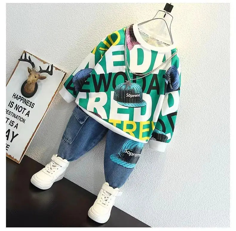 Autumn New Boys Spring and Autumn Suit Casual Wear Home Outing Sweatshirt Two-piece Fashionable Set