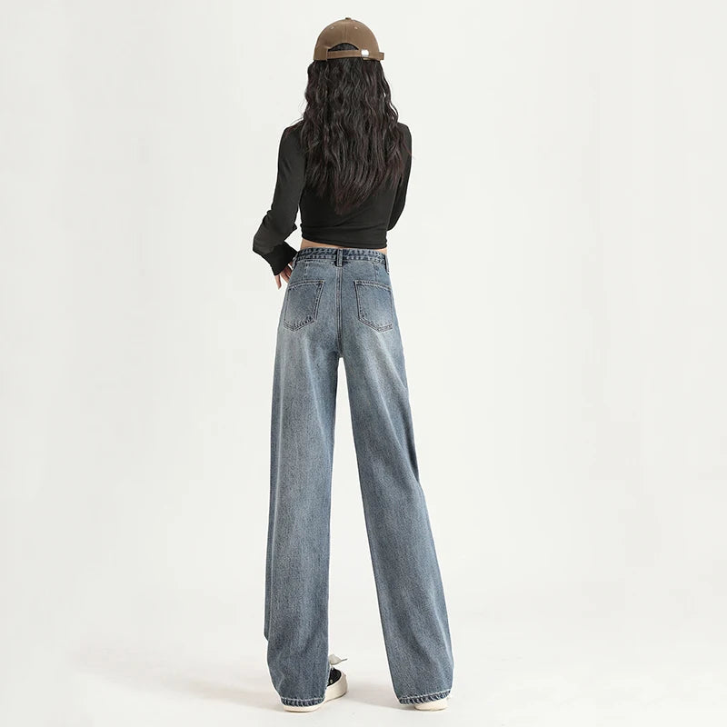 ARWEN & AJH GROUP مجموعه اروين Womens Straight  Jeans Adjust Elastic High Waist Vintage Denim Pants Leisure Streetwear Style Fashion Loose Wide Leg Trousers