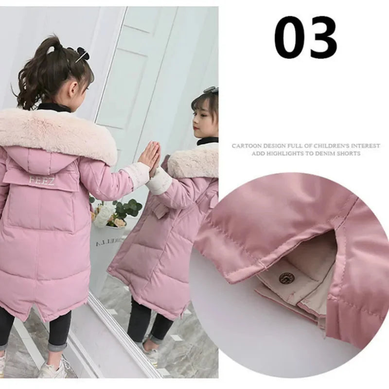 Children Winter Down Cotton Jacket 2024 New Fashion Girl Clothing Kids Clothes Thick Parka Fur Hooded Snowsuit Outerwear Coat