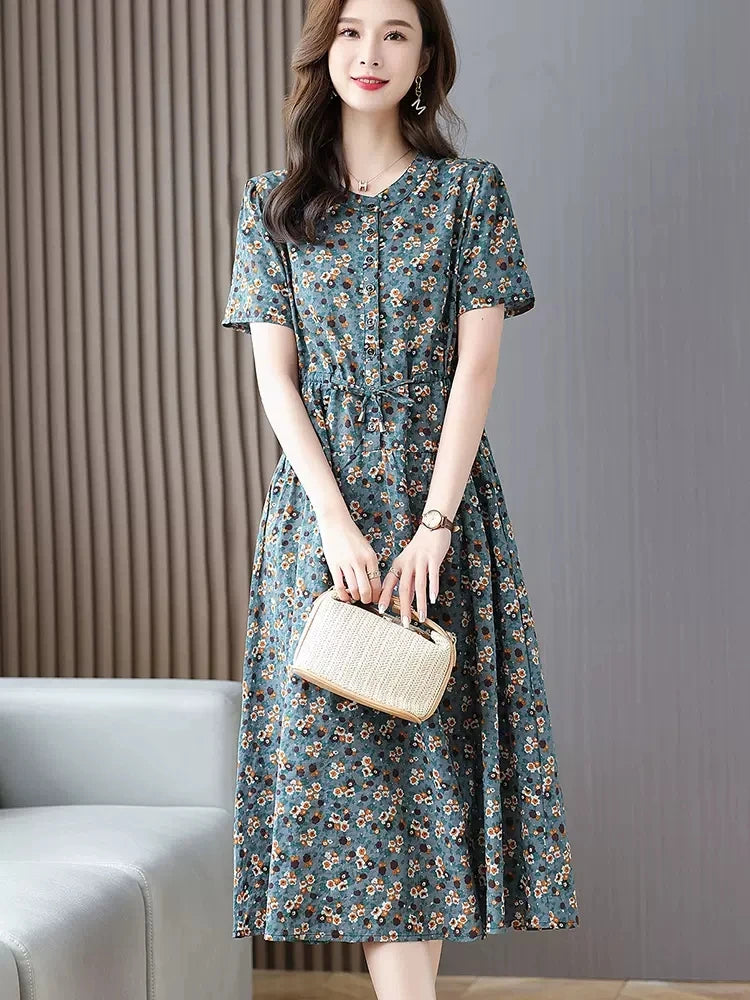 ARWEN & AJH GROUP Cotton Dresses Women 2024 New Summer Elegant Floral Print Drawstring Maxi Dress Casual Loose Mommy Clothes Robe Femme 4XL