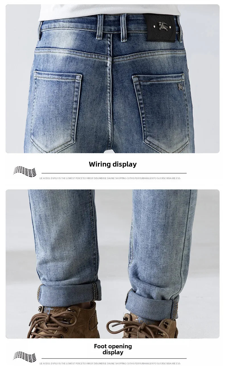 Trendy Casual Men's Denim Trousers High End Thin Cutting Edge Style Slim Fit Stretchy Regular Fit Small Straight Leg