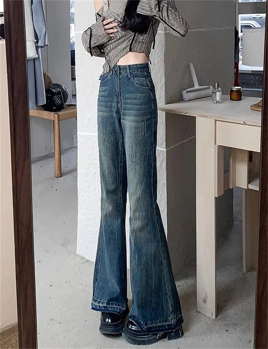 Burr Edge Design Vintage Flare Jeans High Waist Korea Casual Skinny Denim Pants New Women Streetwear Strecth Boot Cut vaqueros