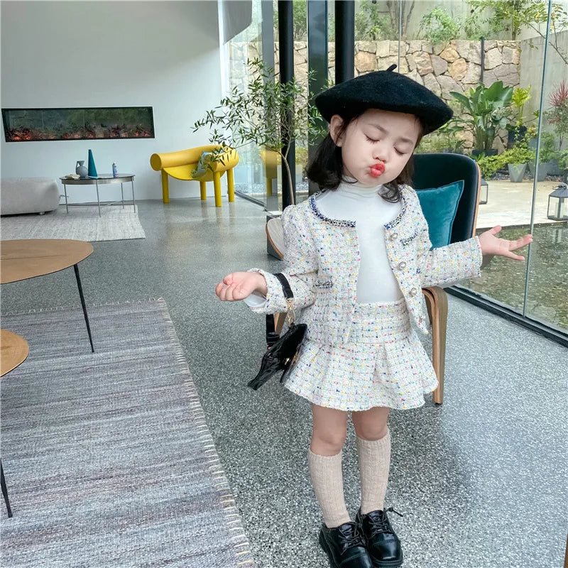 3308E Girls' Clothing Set Sweet Suit 2022 Autumn New Little Fragrant Wind Girl Two Piece Suit Knitted Coat+ Pleated Skirt