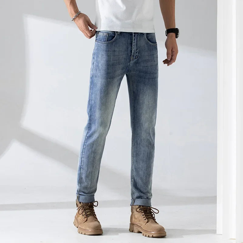 Trendy Casual Men's Denim Trousers High End Thin Cutting Edge Style Slim Fit Stretchy Regular Fit Small Straight Leg