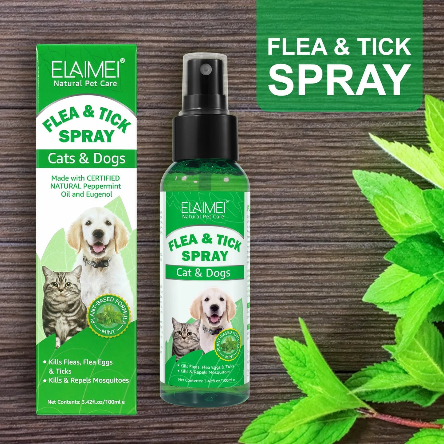 100ml Natural Pet Care Topical Flea&Tick Spray for Dogs&Cats with Fresh Fragrance Peppermint Oil and Eugenol