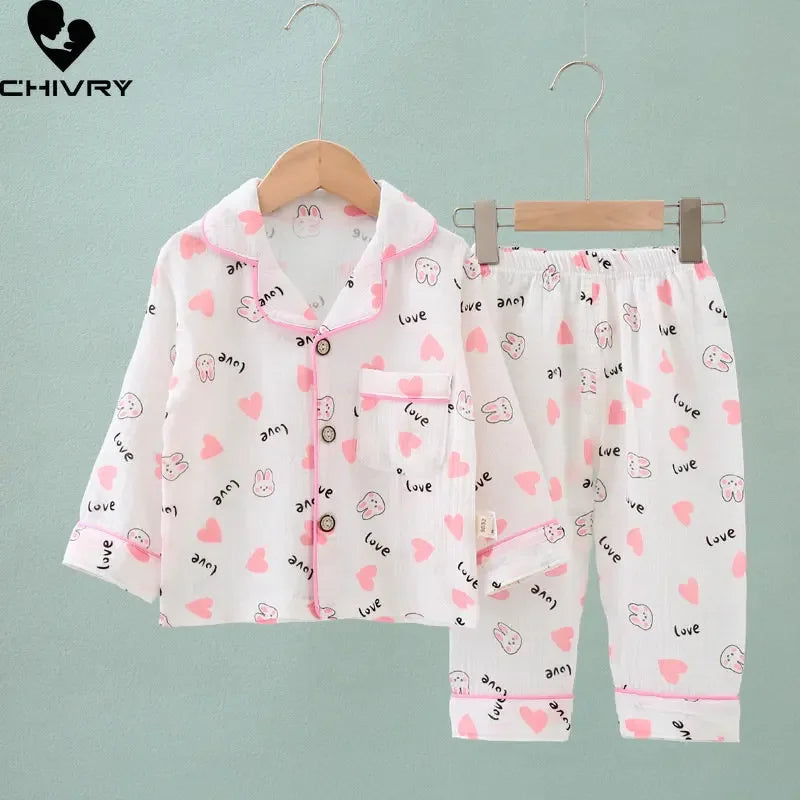 Kids Summer Thin Pajamas Sets New 2023 Boys Girls Cotton Linen Cartoon Long Sleeve Lapel Shirt Tops with Pants Baby Home Wear