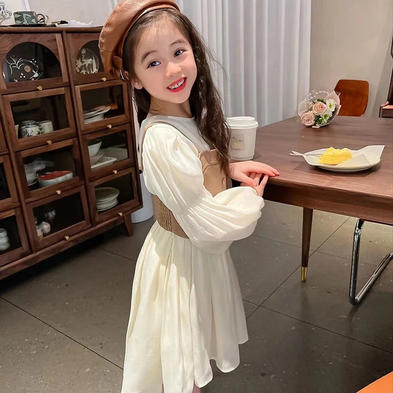 ARWEN & AJH GROUP Long Sleeve Chiffon Princess Dress + PU Leather Vest 2Pcs 2024 New Girls Dress Spring And Autumn Fashion 2-12 Years Kids Clothes