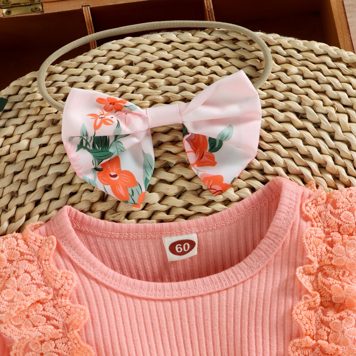 2pcs Infant Baby Girls Romper Dress Patchwork Flower Print Lace Sleeveless/Long Sleeve Crew Neck Front Bowknot Jumpsuit Headband