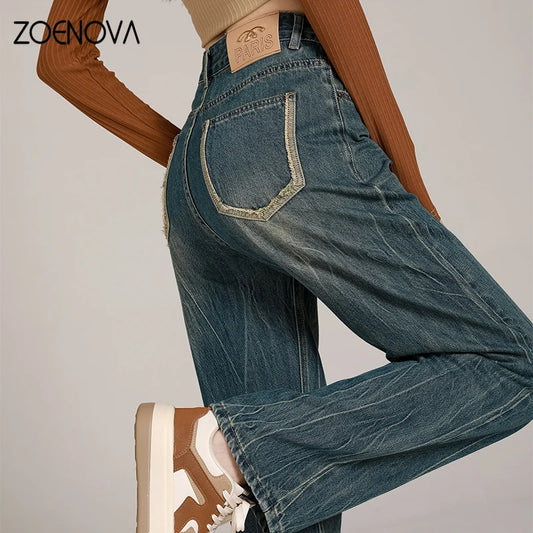 Straight Leg Women's Jeans 2024 Spring Fashion New Leg Wide Leg Pants Casual Stretch Denim Trousers