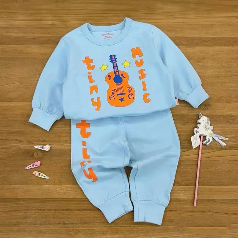 Autumn Fashion Boys Sweatshirt 2024 New Cartoon Violin Children's Hoodie Pants Set Baby Girl Pullover Top Children's Clothing