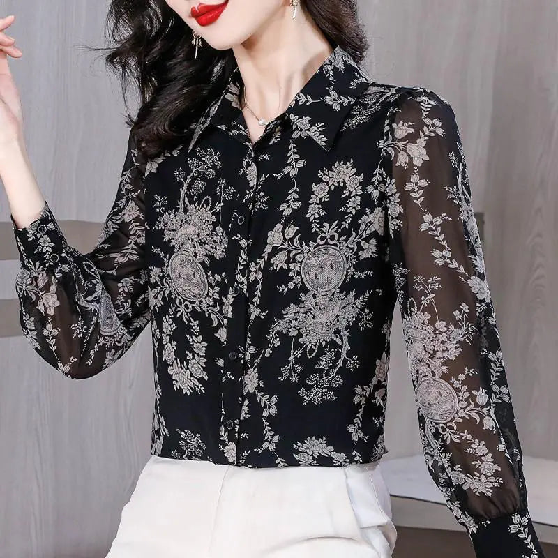 Spring and Autumn Women's Turn Down Collar Loose Long Sleeve Single Treated Printed Blouse Fashion Casual Office Lady Tops