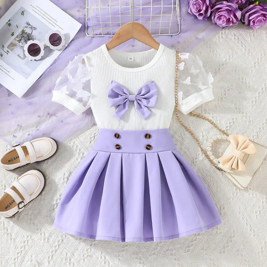 Kid Girl  Puff Tulle Sleeve Bow Blouse and Elastic Pleated Skirt Summer Outfit Toddler Infant Clothing Set Kids Wear Ootd