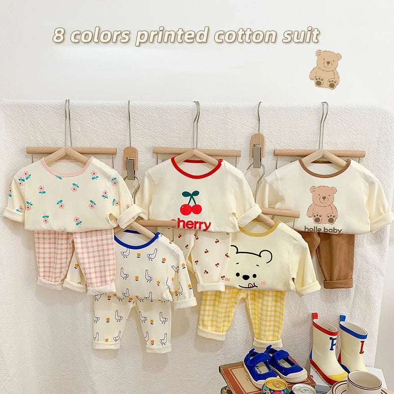 2024 Korean Ins Kids Loungewear Outfit Set Cotton Autumn Pants Boys Girls Pajamas Baby Winter Indoor Clothes 0 To 24 Months