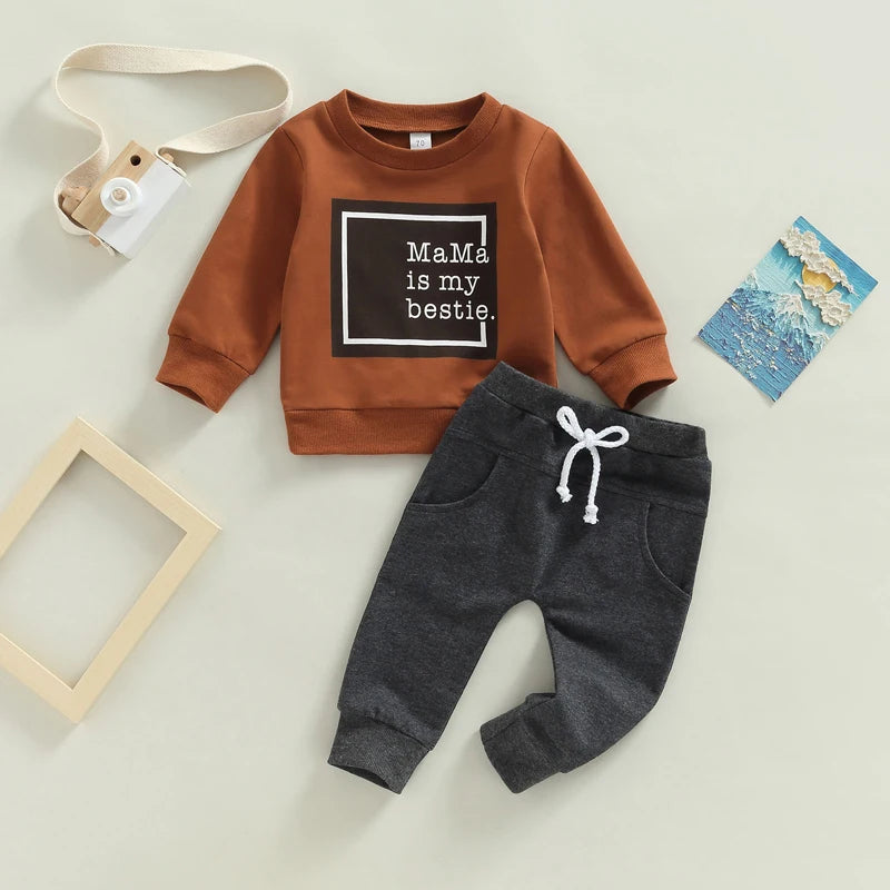 Toddler Baby Boy Clothes Mamas Bestie Long Sleeve Sweatshirt Jogger Pants Set Fall Winter Outfits