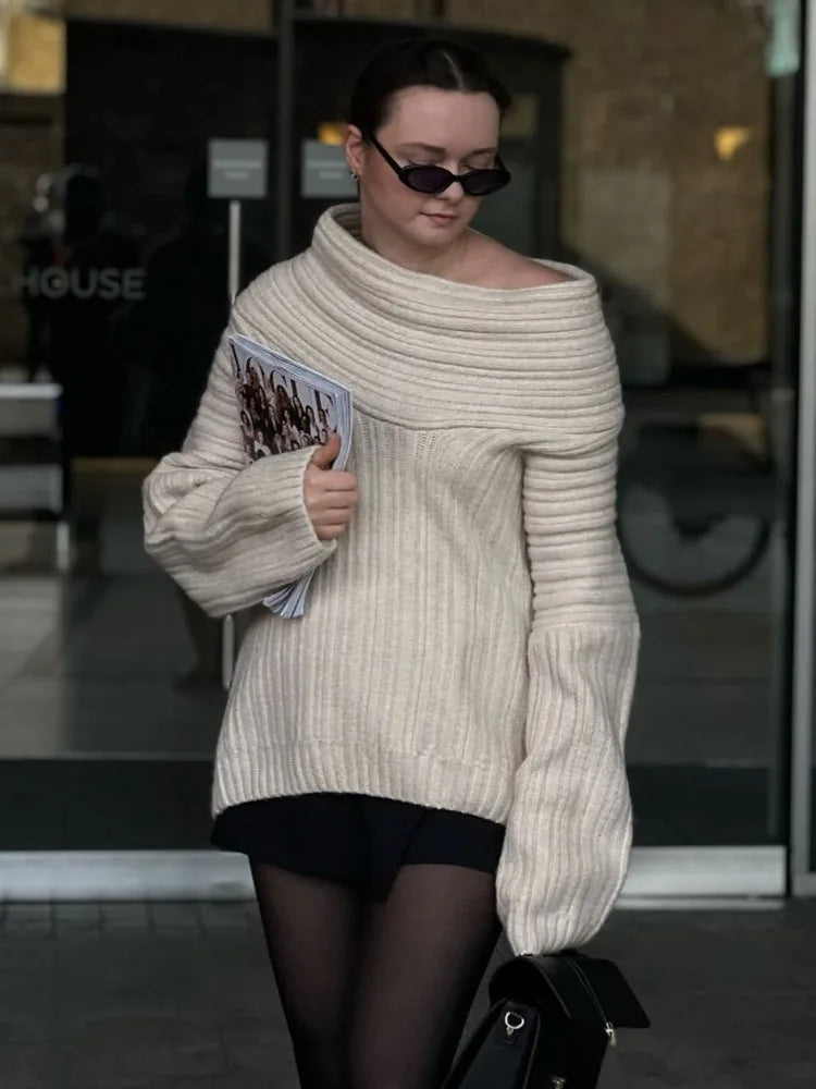 Autumn Oversized Sweater for Women Sexy Slash Neck Knit Pullovers Long Sleeve Women's Sweater Loose-fit Casual Knitwear 2024