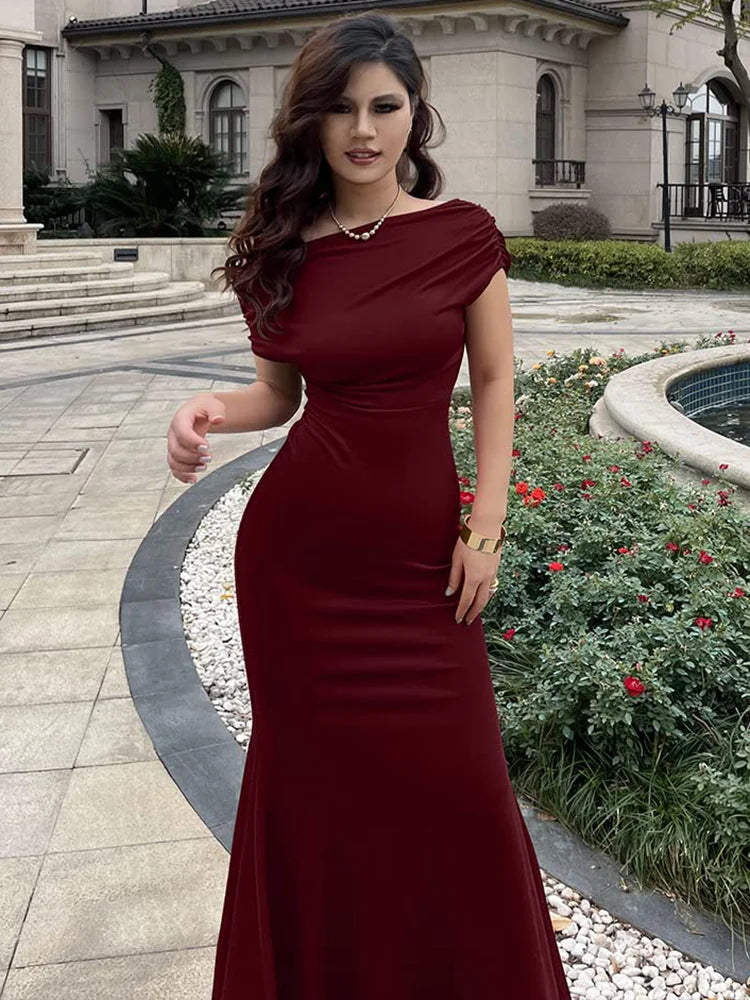 2023 Summer Dresses For Women Oblique Shoulder Pleated Evening Dress Vestidos De Mujer Elegant Maxi Robe Female