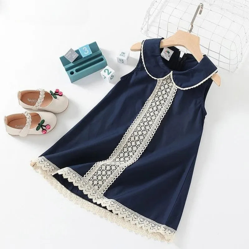 2024 Summer 3 4 5 6 8 10 12 Years Ethnic Lace Embroidery Peter Pan Collar Sleeveless Tank Sundress Cotton Baby Kids Girls Dress