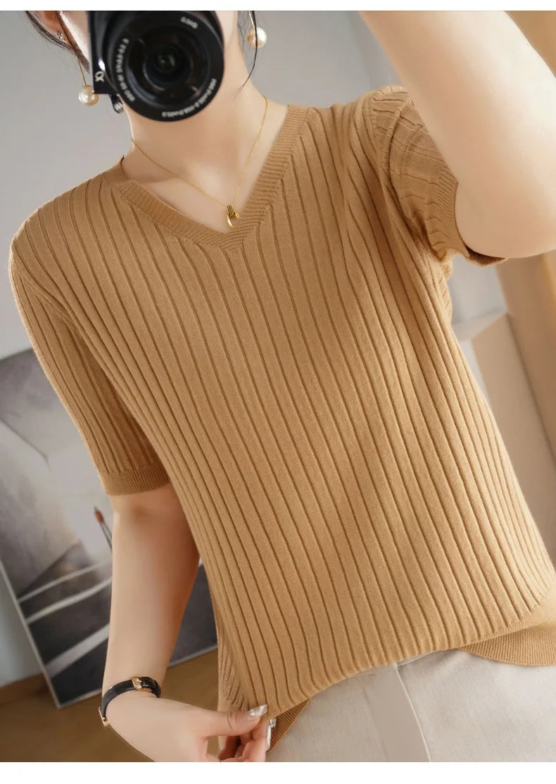 2024 new Women's Clothing Pullovers Sweaters Spring Summer New V-neck Short sleeved Knitted Shirt Base Shirt Solid Color Jumpers