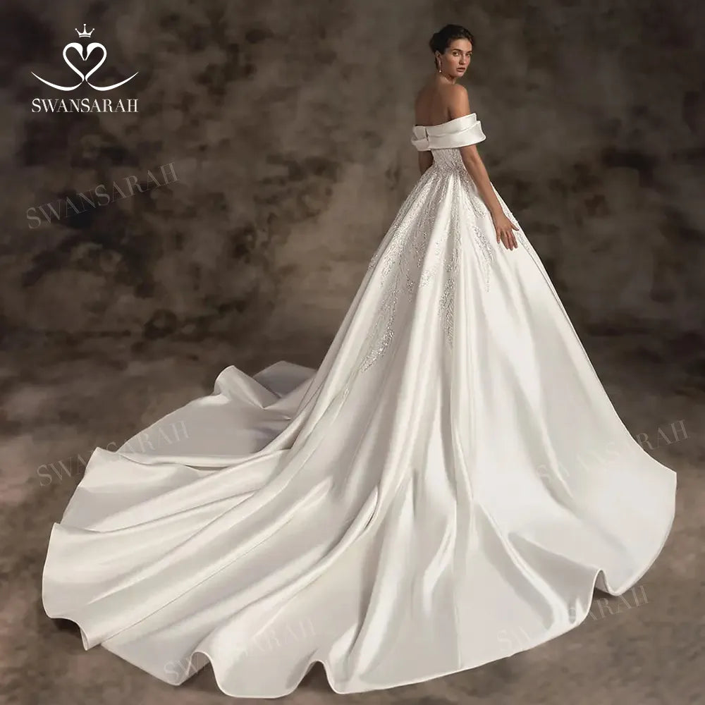 Off Shoulder Wedding Dress 2024 Satin Beading A-Line Court Train Princess Bride Gown   W230 Plus Size