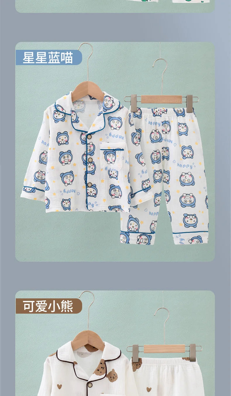 Kids Summer Thin Pajamas Sets New 2023 Boys Girls Cotton Linen Cartoon Long Sleeve Lapel Shirt Tops with Pants Baby Home Wear