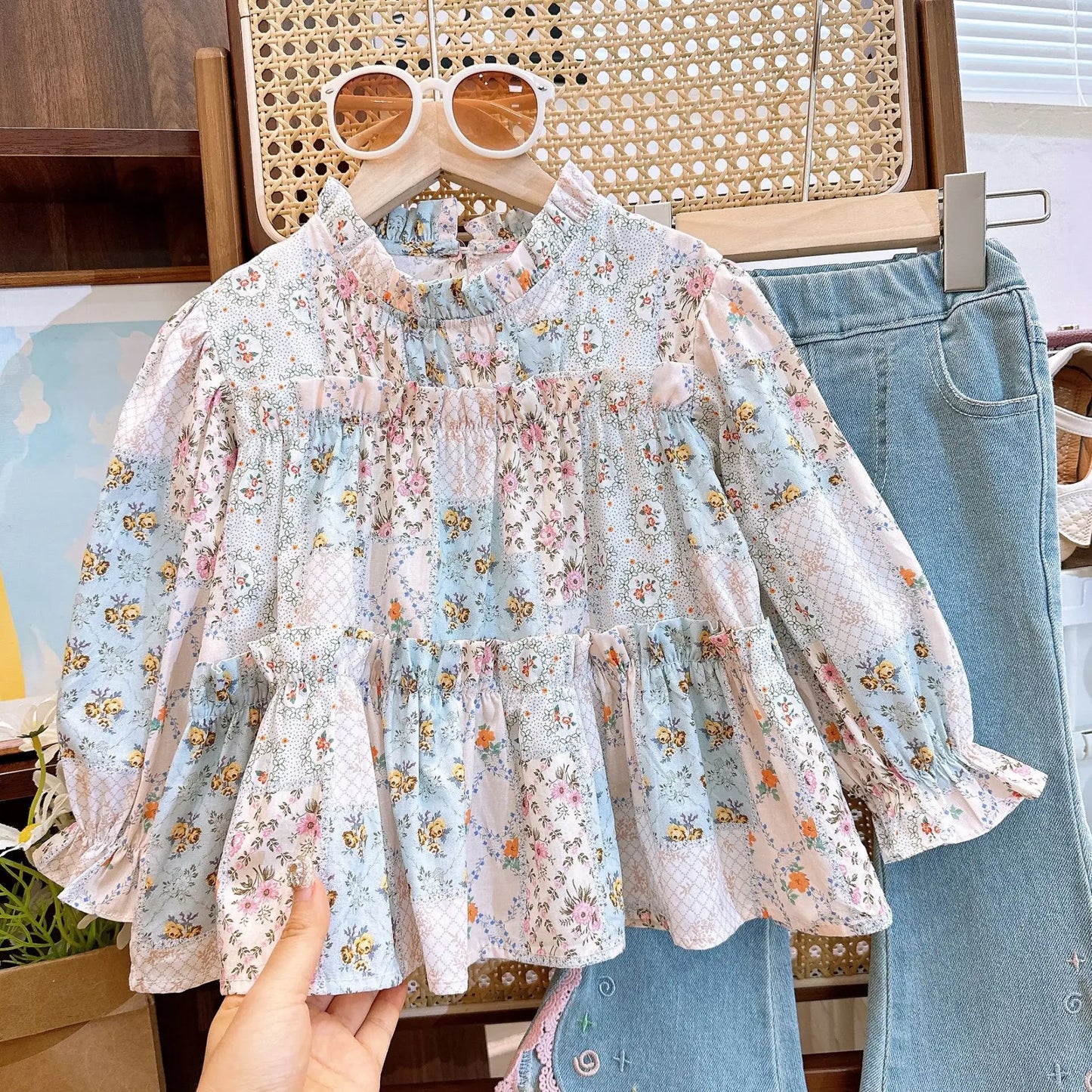 Children's Clothing Sets Cute Floral Doll Blouse + Lace Jeans 2pcs Sets Kids Clothes Girls Outfit Set Toddler Girl Clothes