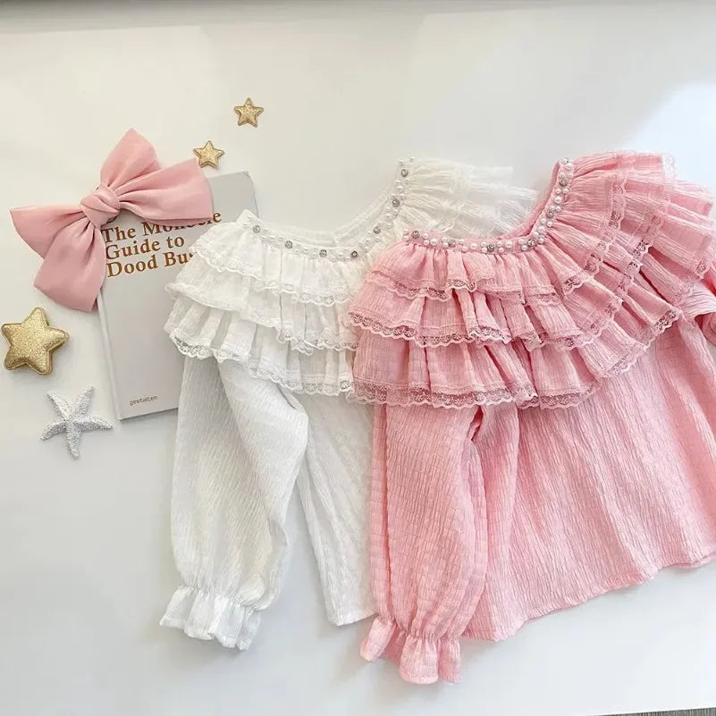 Retail 2024 Baby Girls Fall Fashion Teenage Pink Blouse New Princess Kids Sweet Lace  Long Sleeve Top 6-12T