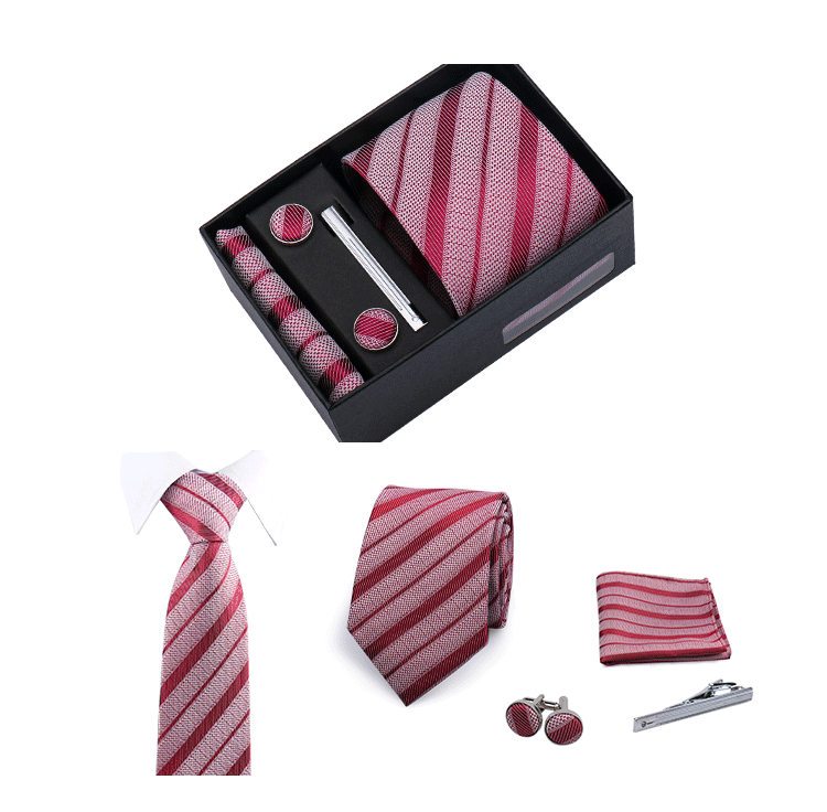 Fashion Elegant Men's Necktie Gift Box Striped Tie Handchief Cufflink Tie Clip 4 pcs Set Wedding Business Party Suit Accessories