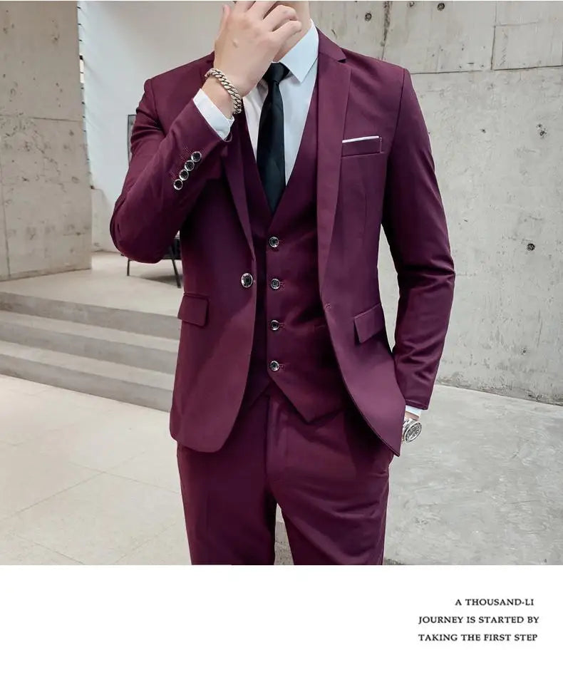 2023High-quality solid color (suit + vest + trousers) Men's business formal suit 3/2 business suit bridegroom and best man