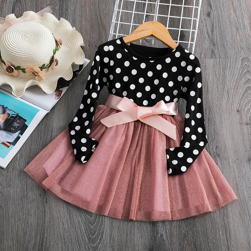 Polka Dot Tulle Kids Princess Dresses for Girls New Spring Autumn Wedding Birthday Party Vestido 3-8 Yrs Children Casual Clothes