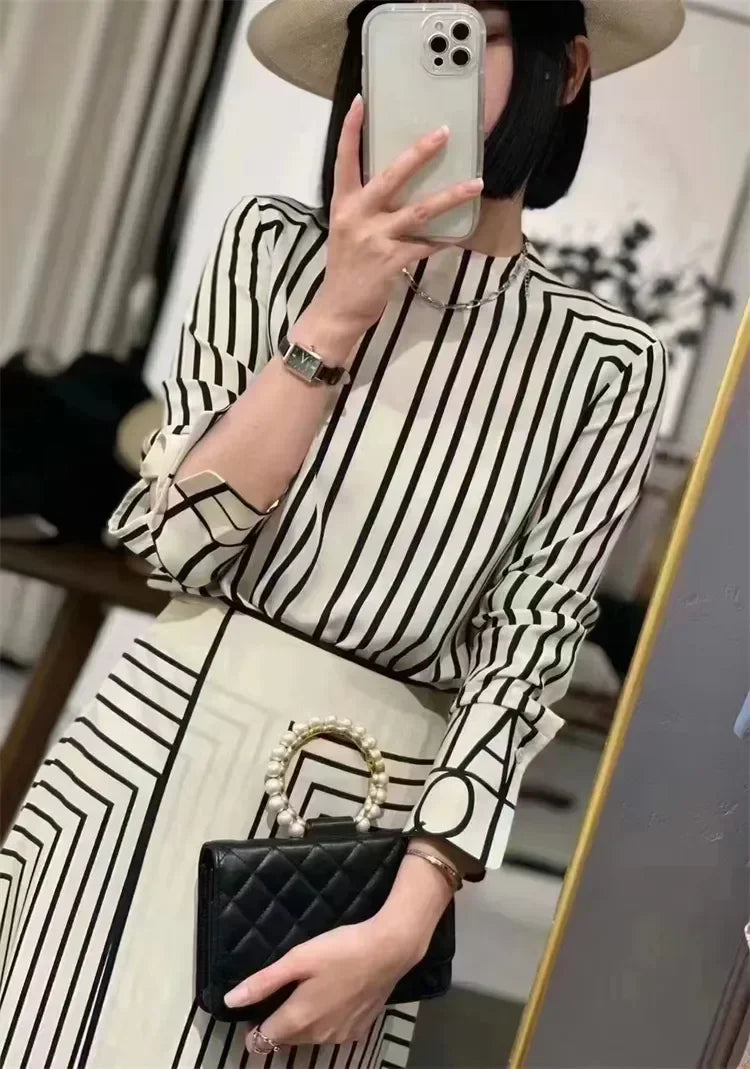 مجموعة أروين التجارية ARWEN & AJH GROUP Summer New Casual Fashion Light Luxury Design Black White Striped Women Skirt High End Hepburn Style Long Skirt