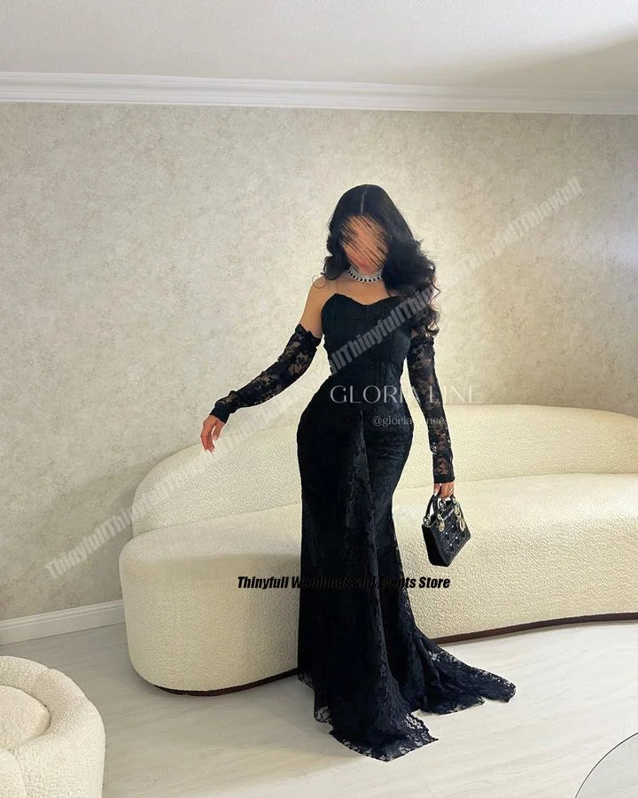 Thinyfull Mermaid Black Prom Dresses Sweetheart Lace Evening Party Gown Detachable Sleeves Dubai 2024 Special Occasion Dress