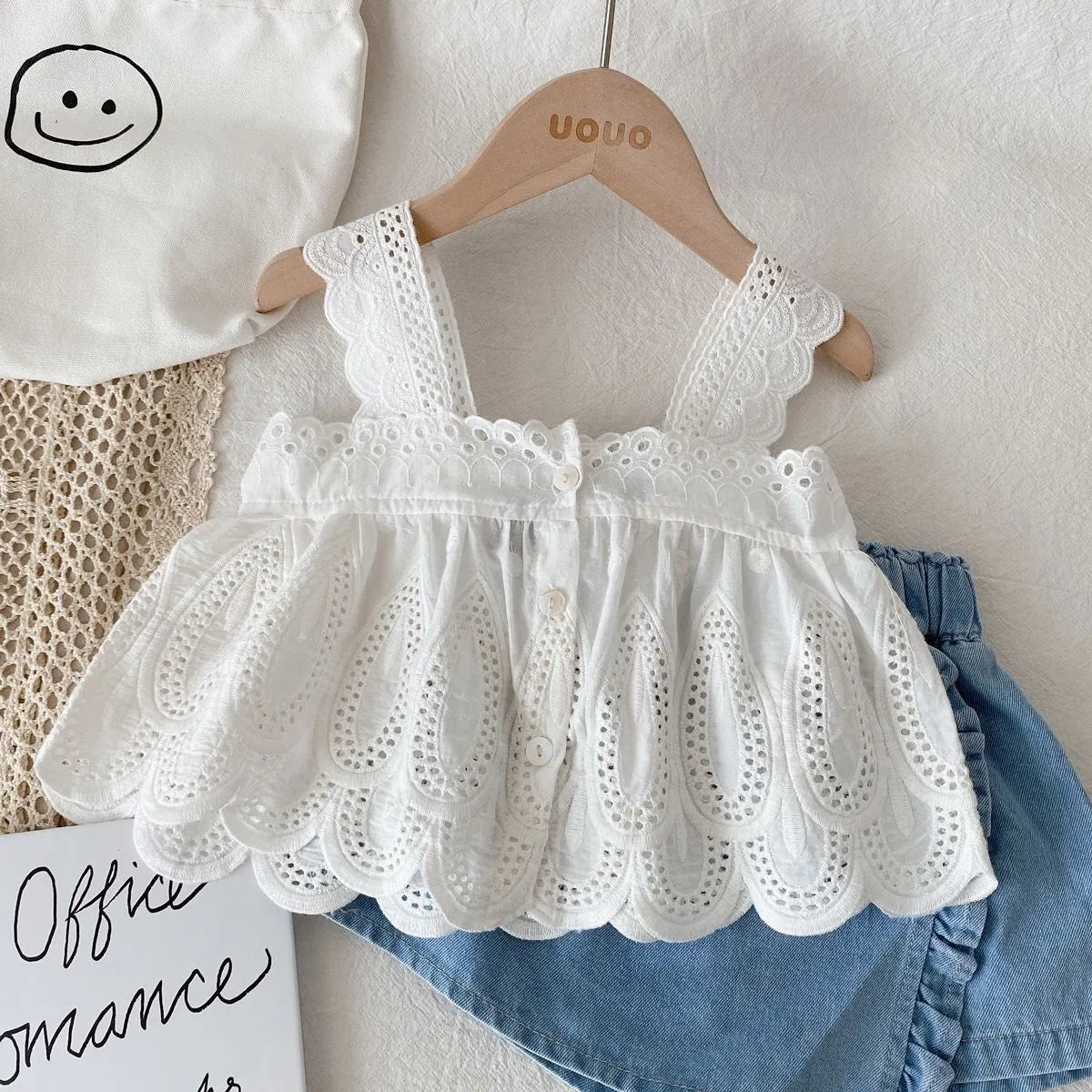 Girls Summer Suit White Suspender Top + Denim Shorts Two-piece Set Casual Simple Style Lace Loungewear Outfit