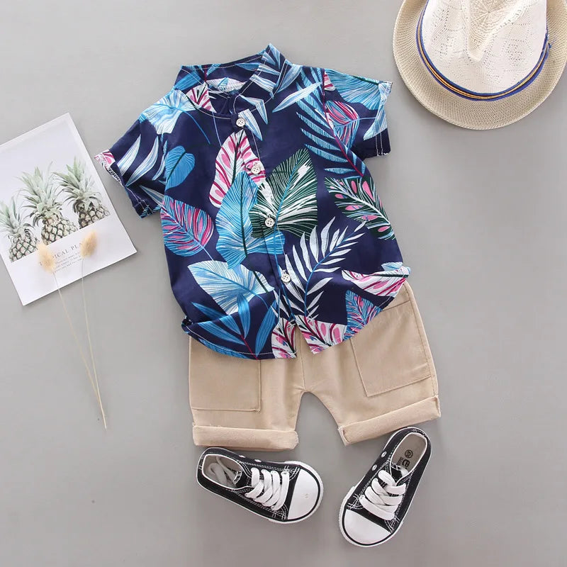 Summer Boys Short Sleeve Set Children Printed Casual Shirt T-shirt+Shorts 2 Piece Clothing 1-4 Years Baby