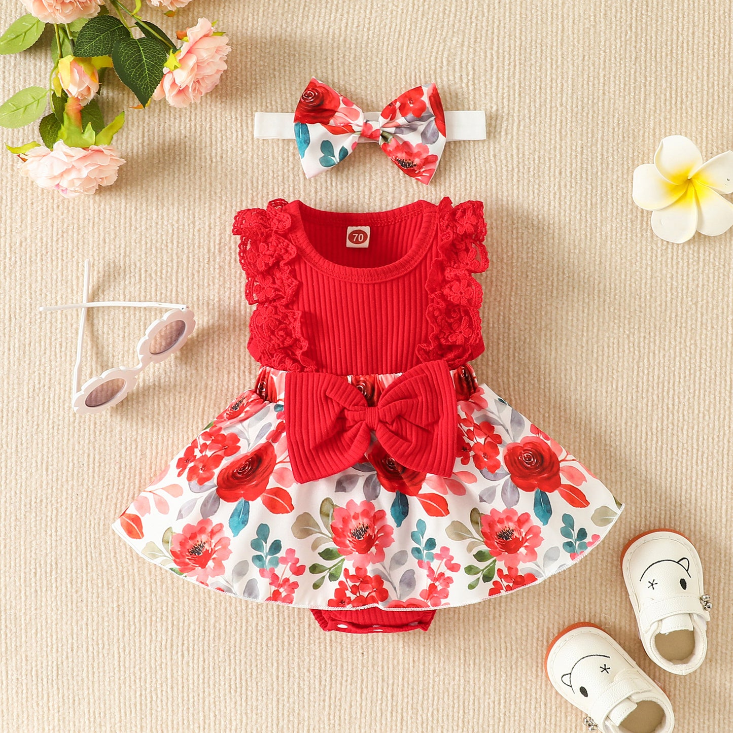 2pcs Infant Baby Girls Romper Dress Patchwork Flower Print Lace Sleeveless/Long Sleeve Crew Neck Front Bowknot Jumpsuit Headband