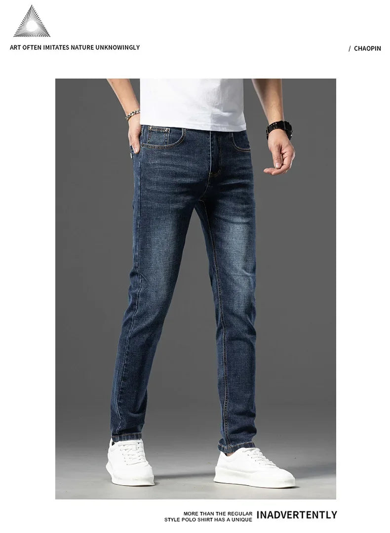 Luxury Brand Men's Jeans Slim Fit High Elasticity Versatile Blue Straight Leg Denim Trousers For All Seasons Casual Wear